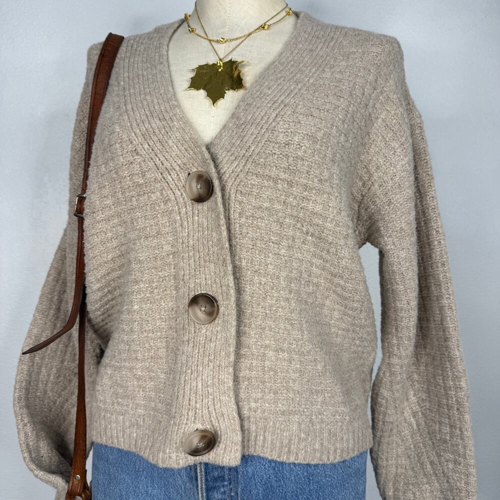 Beige Chunky Knit Cardigan Oversized Buttons Cozy Neutral Size Small - Picture 2 of 5